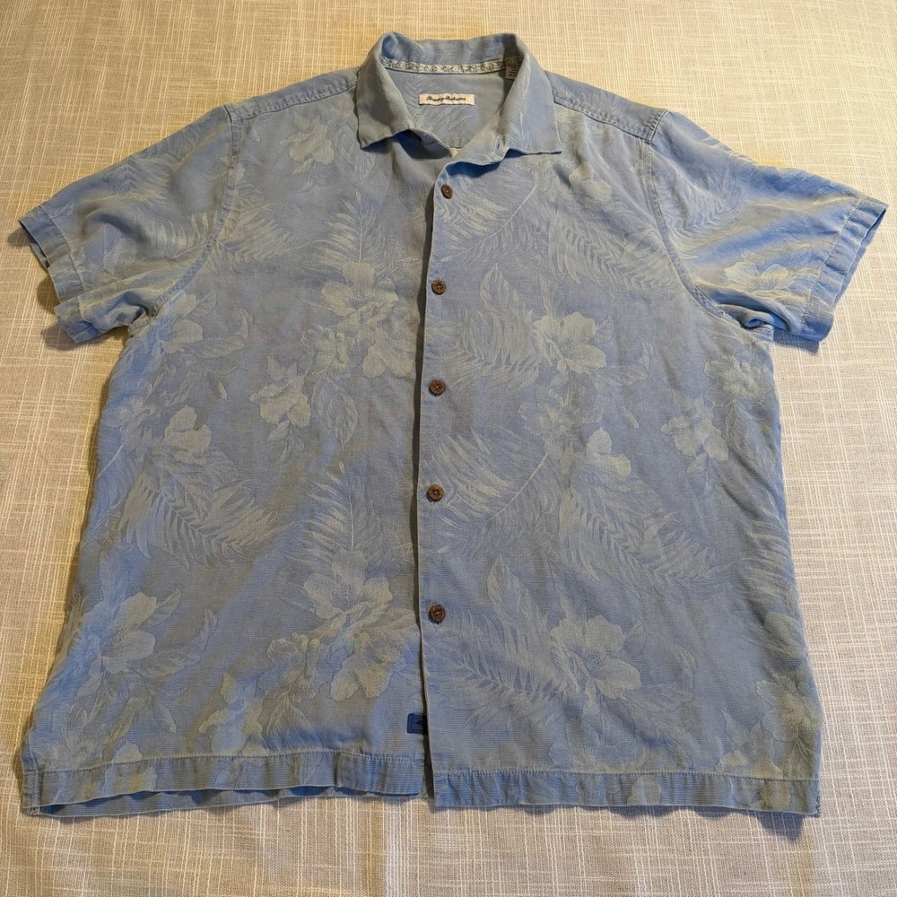 Tommy Bahama Mens XL Blue 100% Silk Jacquard Floral Short Sleeve Camp Shirt
